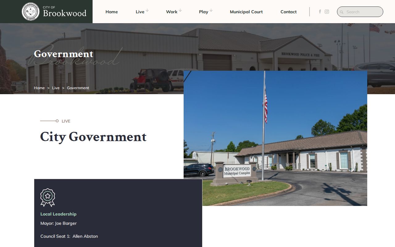 Official Brookwood government page with City Hall information