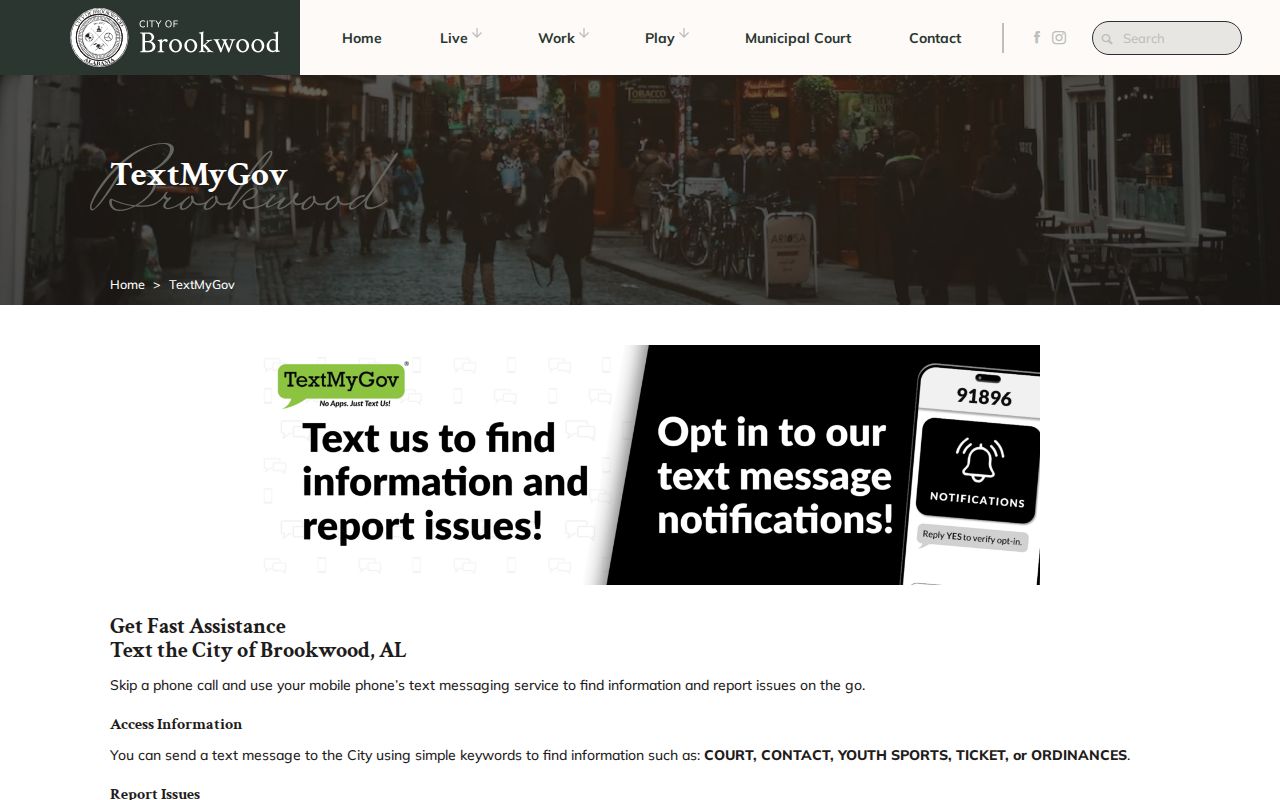 Brookwood TextMyGov court ticket and ordinances keyword options